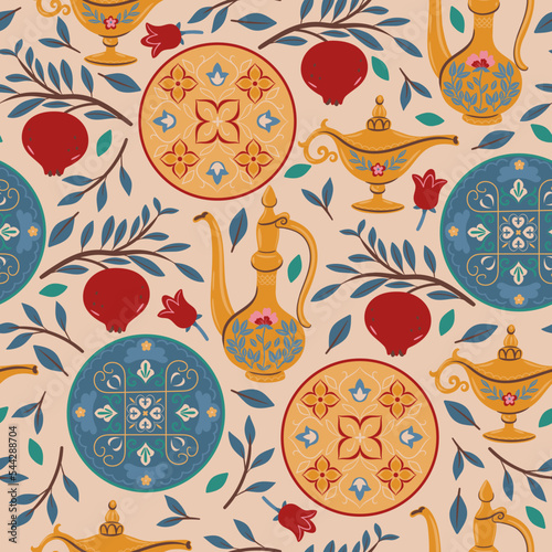 Seamless pattern with pomegranates and crockery in Arabic style. Vector graphics.