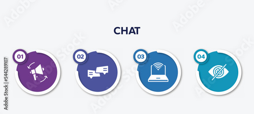 infographic element template with chat filled icons such as traction, chat bubbles, survival kit, hide vector.