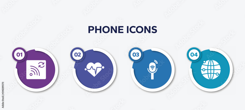 infographic element template with phone icons filled icons such as refresh wifi, heart rate, listener, worlwide transmission vector.