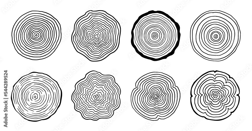 Tree ring wood circle set. Hand drawn tree ring pattern, line ripple circle wood texture. Wood organic slice line design. Vector illustration.