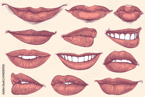 Facial expressions of the mouth. Design set. Editable hand drawn illustration. Vector vintage engraving. Isolated on light background. 8 eps