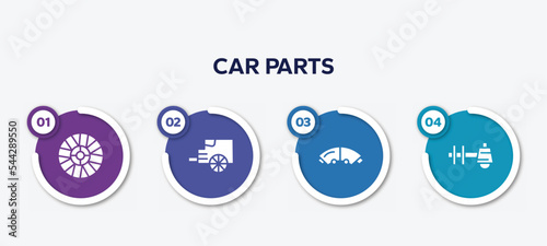 infographic element template with car parts filled icons such as car hubcap, car tailpipe, brake pad, sump vector.