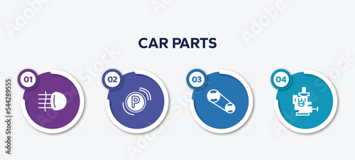 infographic element template with car parts filled icons such as car fog lamp, car parking light, camshaft, choke vector.
