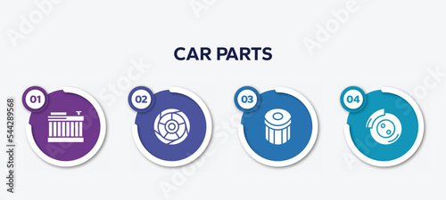 infographic element template with car parts filled icons such as car radiator, car tyre, oil filter, disc brake vector.