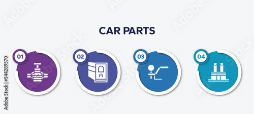 infographic element template with car parts filled icons such as car jack, car reversing light, towbar, distributor cap vector.