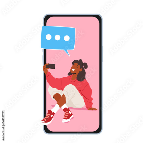 Fashionable Girl Teenager Making Selfie and Chat by Smartphone. Young Woman Character Posing and Photographing on Mobile