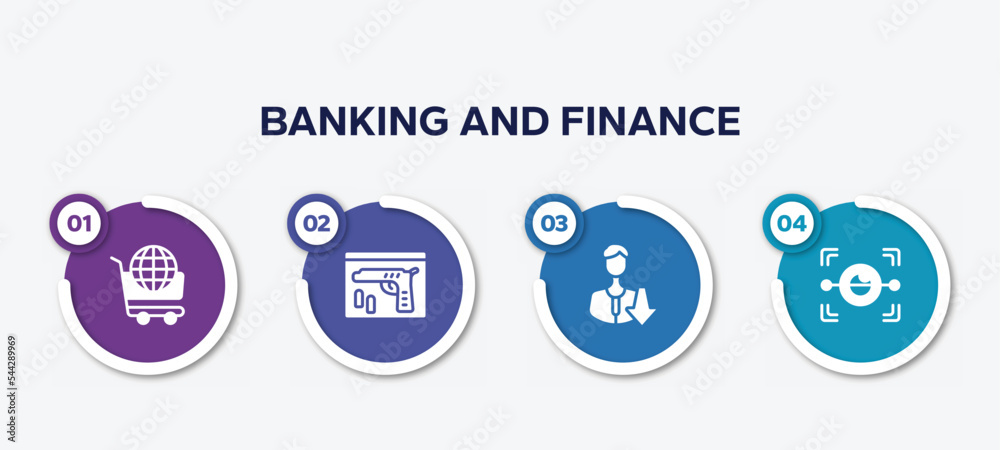 infographic element template with banking and finance filled icons such as world wide shopping, evidence, low, eye scan vector. infographic element template with banking and finance filled icons such as world wide shopping, evidence, low, eye scan vector.