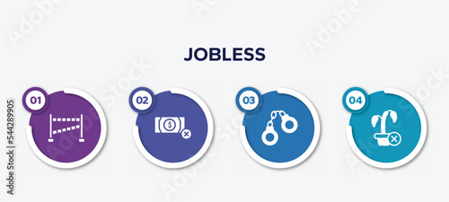 infographic element template with jobless filled icons such as police line, no money, handcuffs, ungrowth vector.