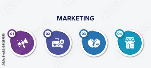 infographic element template with marketing filled icons such as favourites, not search, dress code, convenience store vector.