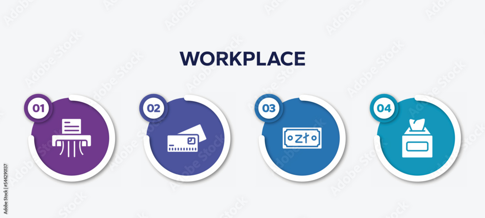 Fototapeta premium infographic element template with workplace filled icons such as shredder, credit cards, zloty, tissue box vector.