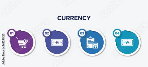 infographic element template with currency filled icons such as bitcoin basket, kip, formula, won vector.