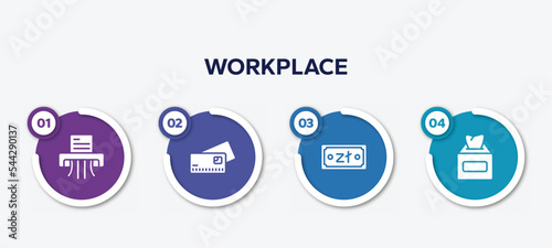 infographic element template with workplace filled icons such as shredder, credit cards, zloty, tissue box vector.