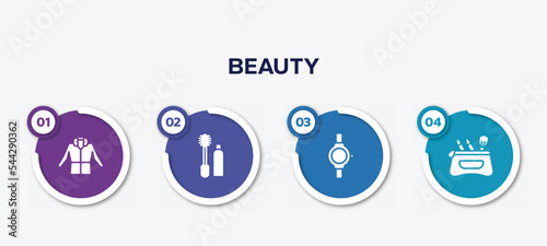 infographic element template with beauty filled icons such as parka, flanges mascara, luxury watch, cosmetic case vector.