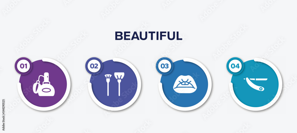 infographic element template with beautiful filled icons such as perfume retro bottle, make up brush, women lips, shave blade vector.