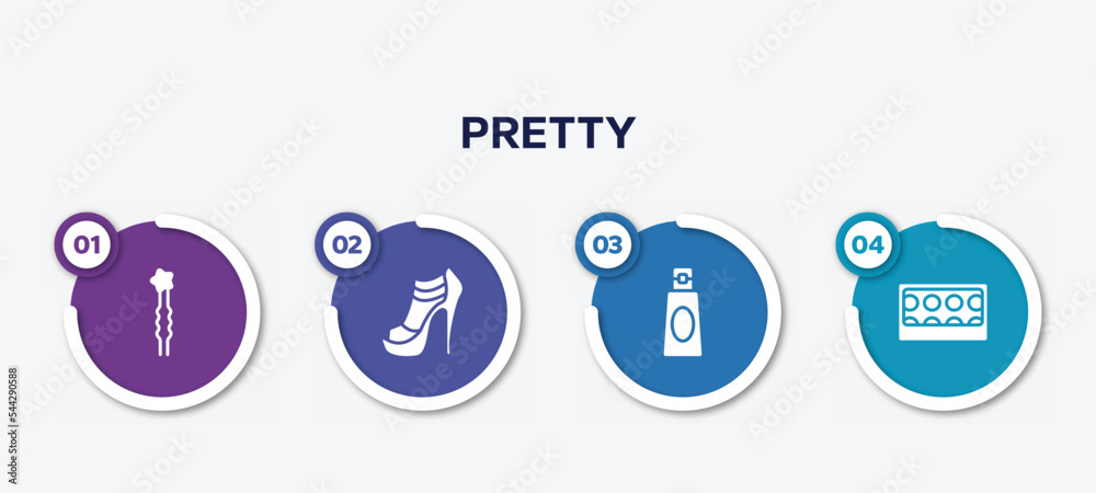 infographic element template with pretty filled icons such as two hairpins, high heel, shampoo bottle, eye shadow pallette vector.