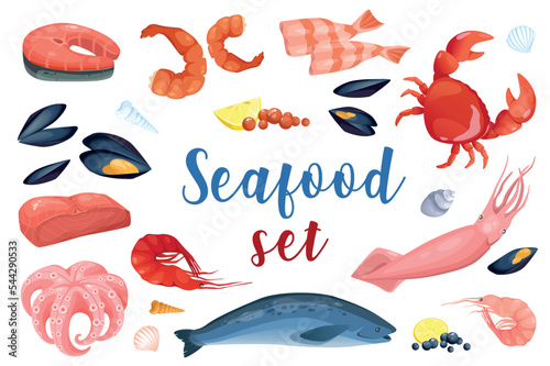 Seafood in cartoon style set isolated elements. Vector illustration