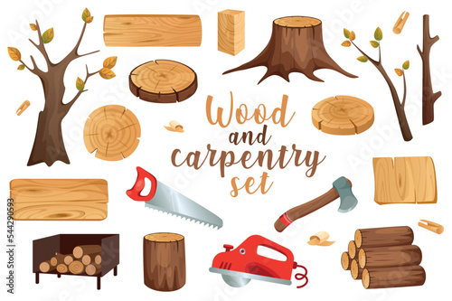 Wood and carpentry in cartoon style set isolated elements