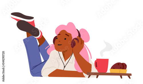 Relaxed Girl Lying On Floor With Coffee And Cookies Listen Online Book Or Music In Headphones. Online Reading