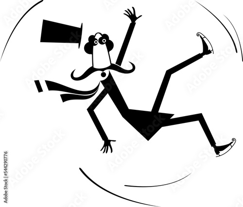 Falling down skater man illustration. 
Cartoon skater man in the top hat slipped on ice. Black on white