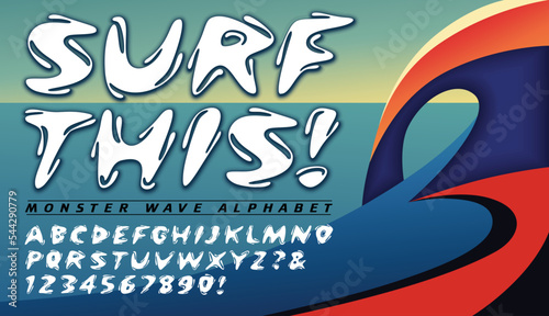 A stylized alphabet with churning water droplets, with a strong surf-style vibe. Good logo font for surfer and watersports gear.
