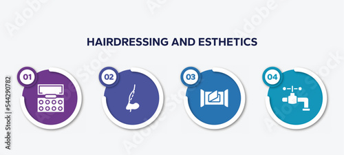 infographic element template with hairdressing and esthetics filled icons such as eyeshadow, rhinoplasty, wet wipes, faucet vector.