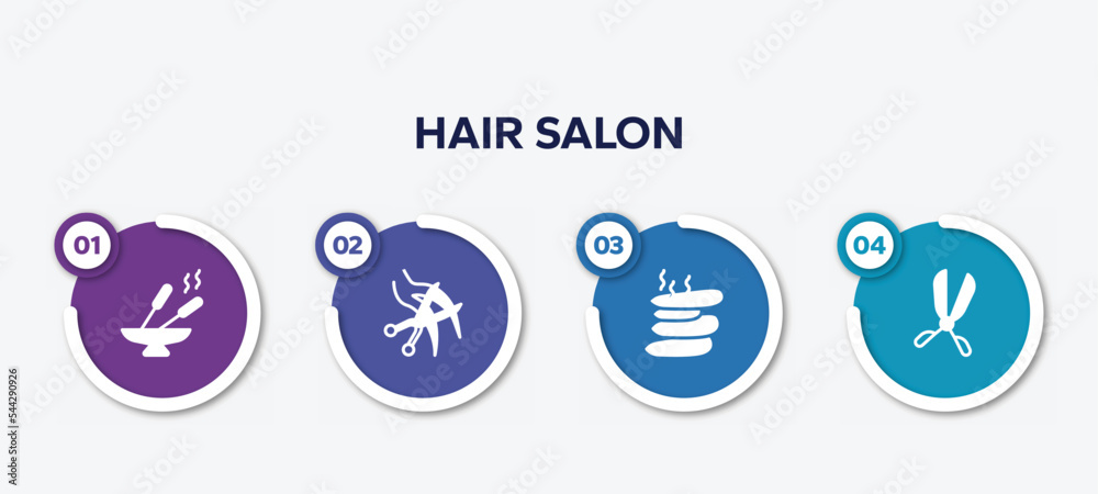 infographic element template with hair salon filled icons such as incense, haircut, hot stone, scissors badge vector.