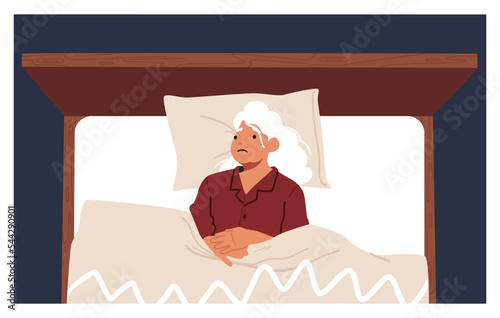 Sad Senior Woman Lying In Bed Top View. Aged Female Character Cant Sleep Due To Snore Or Bad Thoughts In Mind