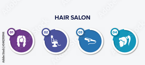 infographic element template with hair salon filled icons such as curled black long female hair shape, barber chair, curler, female head vector.