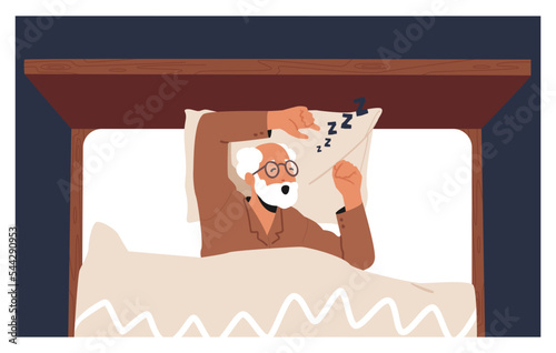 Old Man Snore Lying In Bad Top View. Senior Male Character Sleep Apnea And Respiratory Disease, Grandfather Loud Noise
