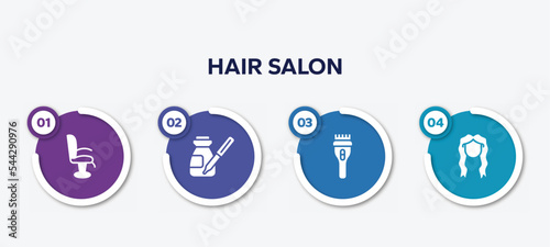 infographic element template with hair salon filled icons such as chair side view, serum, clipper, long female hair tincture vector.