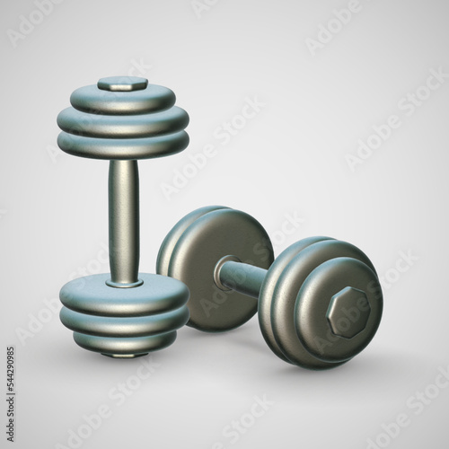 Two 3D realistic metallic dumbbells on light background. Heavy weight accessories for physical exercise and fitness. Healthy lifestyle concept: dumbbell for individual sports. Vector illustration
