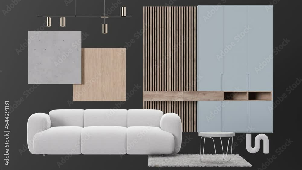 Interior design moodboard with modern living room furniture, home ...