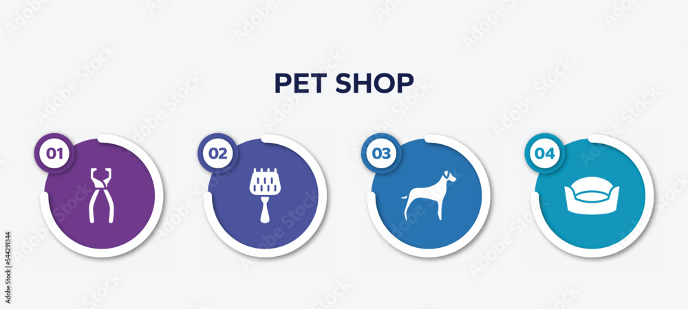 infographic element template with pet shop filled icons such as nail trimmer, grooming brush, great dane, cat bed vector.