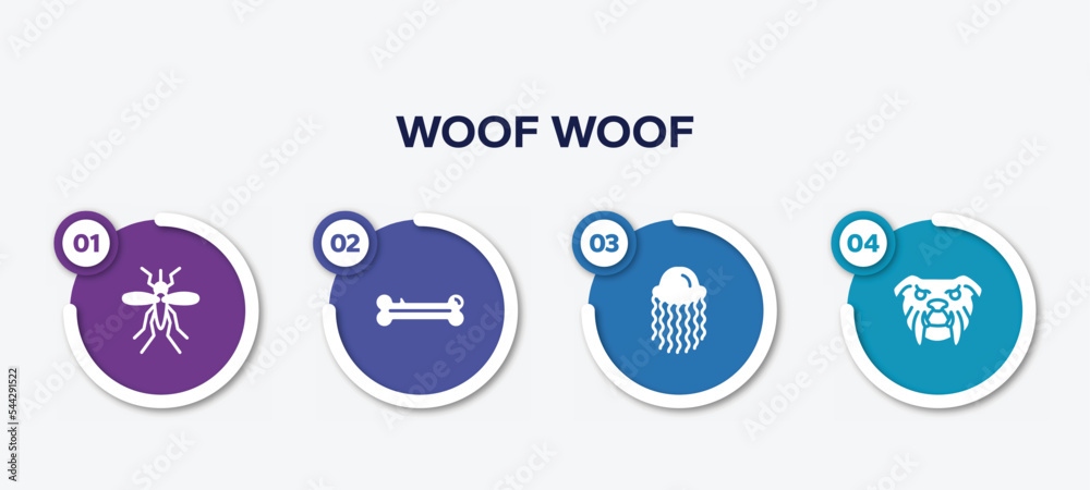 infographic element template with woof woof filled icons such as big mosquito, dog bone, swimming jellyfish, angry bulldog face vector. infographic element template with woof woof filled icons such as big mosquito, dog bone, swimming jellyfish, angry bulldog face vector.