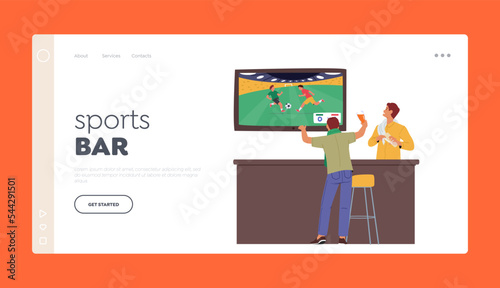 Sport Bar Landing Page Template. Fan Watching Football Match on Tv in Beer Pub or Night Club. Male Character Soccer Fans
