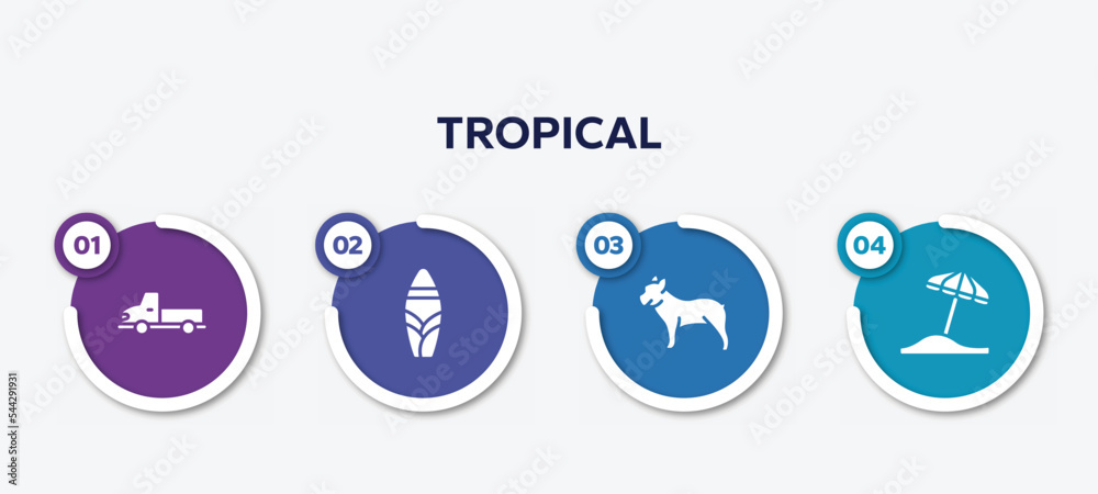 infographic element template with tropical filled icons such as pickup truck, suroard, bulldog, sun umbrella vector. infographic element template with tropical filled icons such as pickup truck, suroard, bulldog, sun umbrella vector.