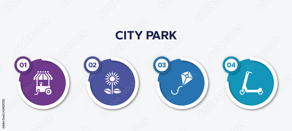 infographic element template with city park filled icons such as ice cream cart, sunflowers, kite, scooter vector.