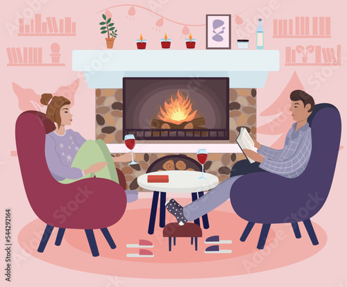 The couple sits by the stone fireplace, drinking wine and reading books. The illustration shows a man, a woman, a fireplace with candles, armchairs on the side, and a light background with bookshelves