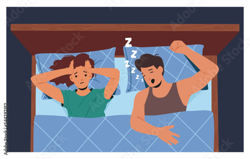 Couple Lying in Bed, Female Character Suffer of Husband Snoring Having Headache. Snore Disease, Breathing Disorder