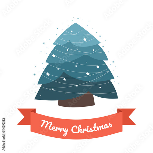 Christmas tree ornamented balls and garlands card. Xmas fir illustration for greeting card, poster, banner, packaging.