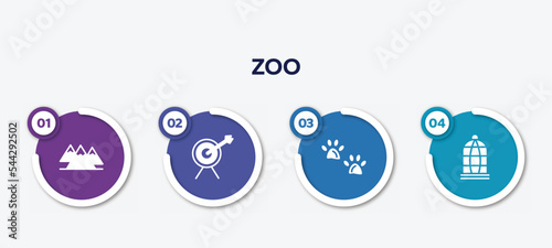 infographic element template with zoo filled icons such as mountains, archery, pawprints, cage vector.