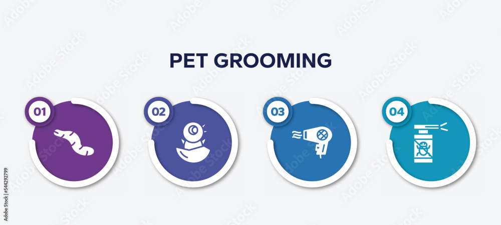 infographic element template with pet grooming filled icons such as worm, chick, hair dryer, anti flea vector.