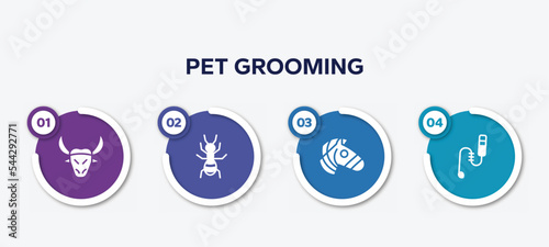 infographic element template with pet grooming filled icons such as buffalo, ant, zebra, teasing stick vector.