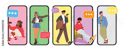 Set Young People use Smartphones, Chatting, Making Selfie. Male and Female Characters Call and Send Messages
