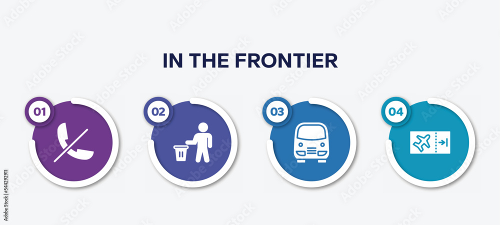 infographic element template with in the frontier filled icons such as phones not allowed, use bin, bus service, boarding ticket vector.