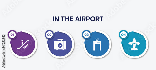 infographic element template with in the airport filled icons such as upwards or, luggage checking, metal detector gate, airliner vector.