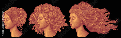 Women's hairstyles. Design set. Editable hand drawn illustration. Vector vintage engraving. Isolated on black background. 8 eps
