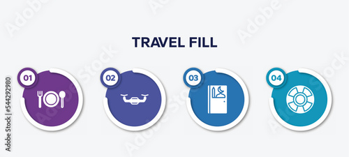 infographic element template with travel fill filled icons such as plate with fork and knife cross, unmanned, prayer room, life bouy vector.