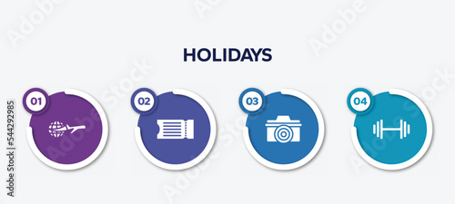infographic element template with holidays filled icons such as travelling around the world, fly ticket, digital camera, gym dumbbell vector.