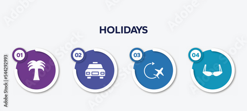 infographic element template with holidays filled icons such as coconut trees, taxi frontal vehicle, airplane, old fashion glasses vector.